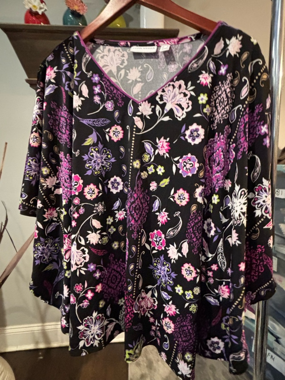 Susan Graver Black Floral V-Neck Tunic with Purple and Pink Accents - size Small